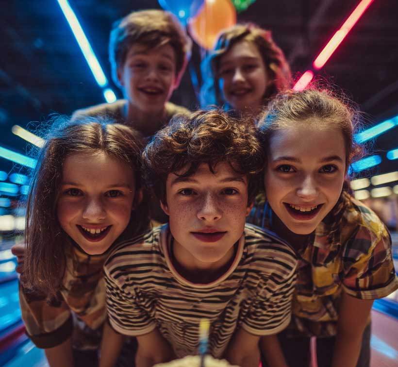 Groupe d’enfants fêtant un anniversaire au Space Bowling Nîmes