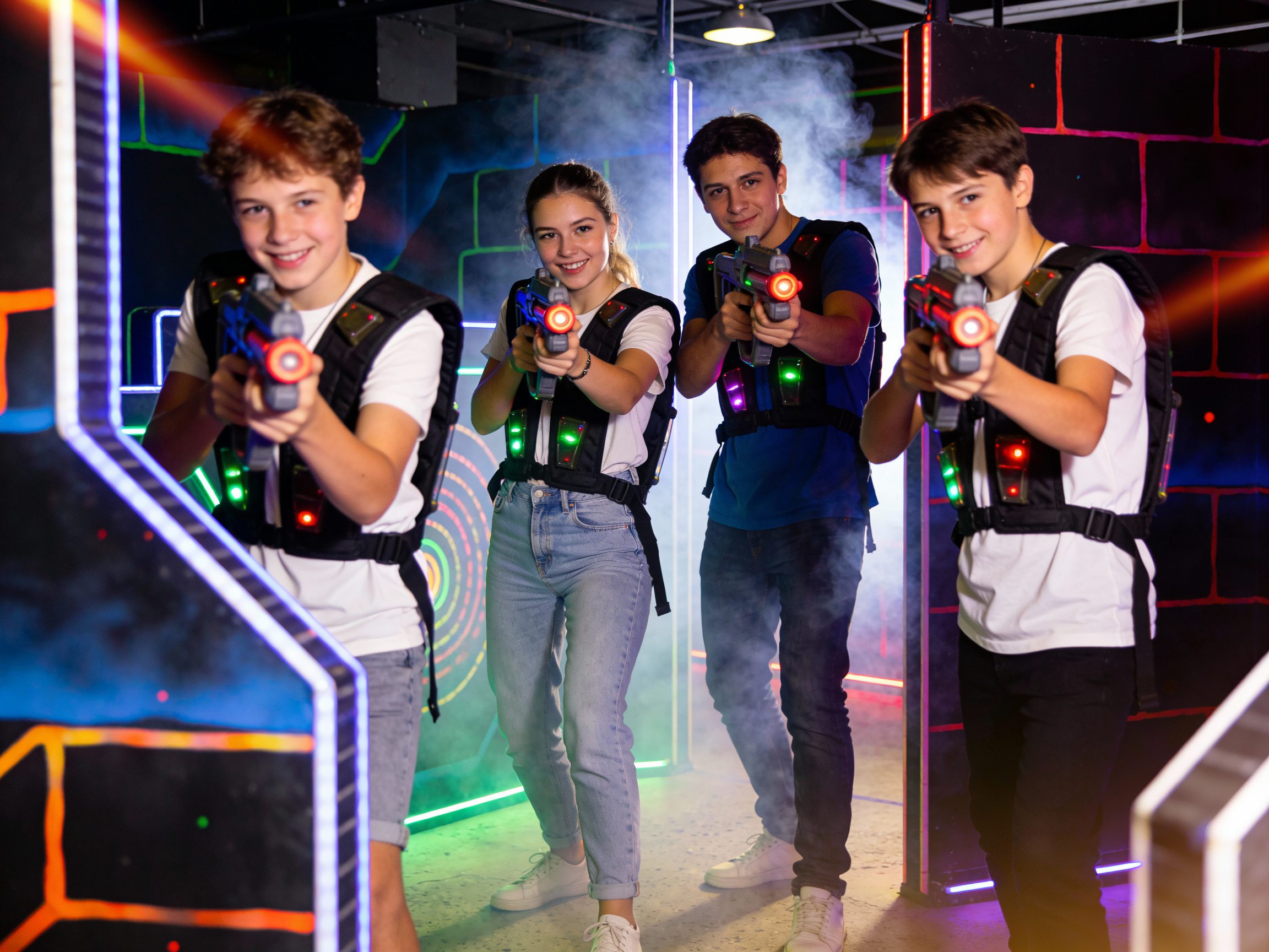 Adolescents jouant au laser game dans une arène futuriste à Nîmes