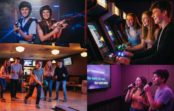 Groupe d’adolescents s’amusant dans un centre de loisirs indoor à Nîmes pendant les vacances scolaires