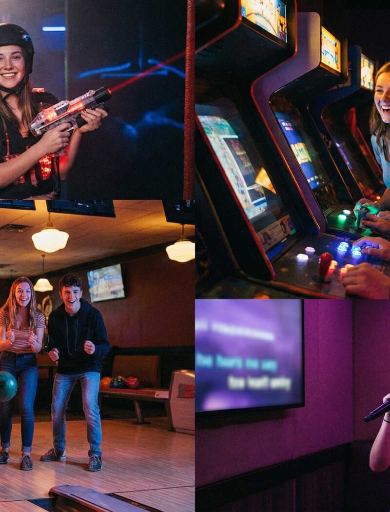 Groupe d’adolescents s’amusant dans un centre de loisirs indoor à Nîmes pendant les vacances scolaires