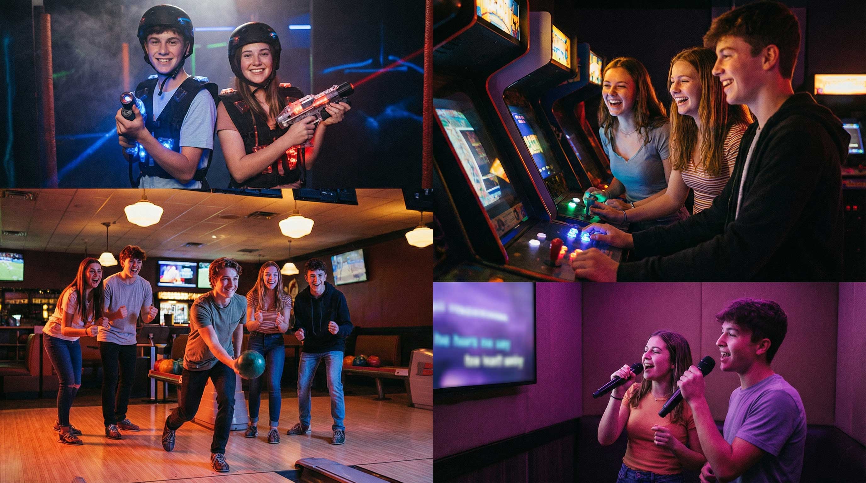 Groupe d’adolescents s’amusant dans un centre de loisirs indoor à Nîmes pendant les vacances scolaires