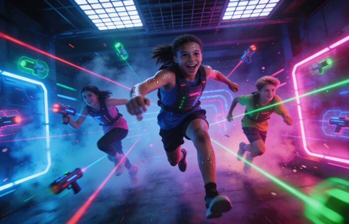 Adolescents jouant au laser game dans une arène indoor à Nîmes