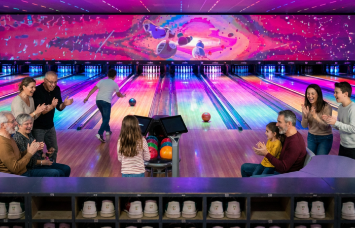Familles et amis jouant au bowling dans un complexe de loisirs indoor à Nîmes