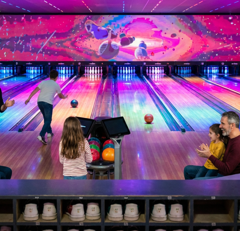 Familles et amis jouant au bowling dans un complexe de loisirs indoor à Nîmes