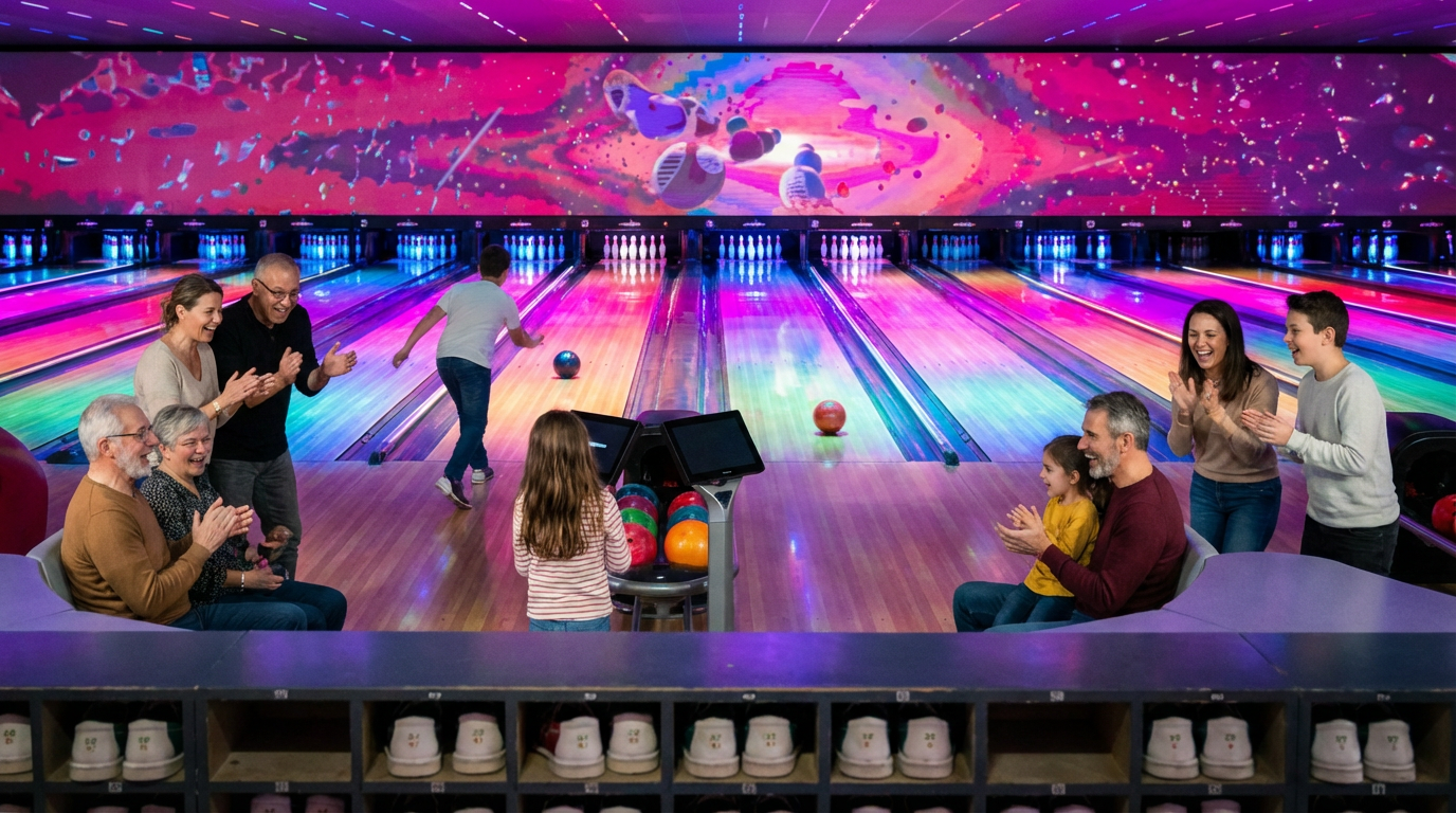Familles et amis jouant au bowling dans un complexe de loisirs indoor à Nîmes