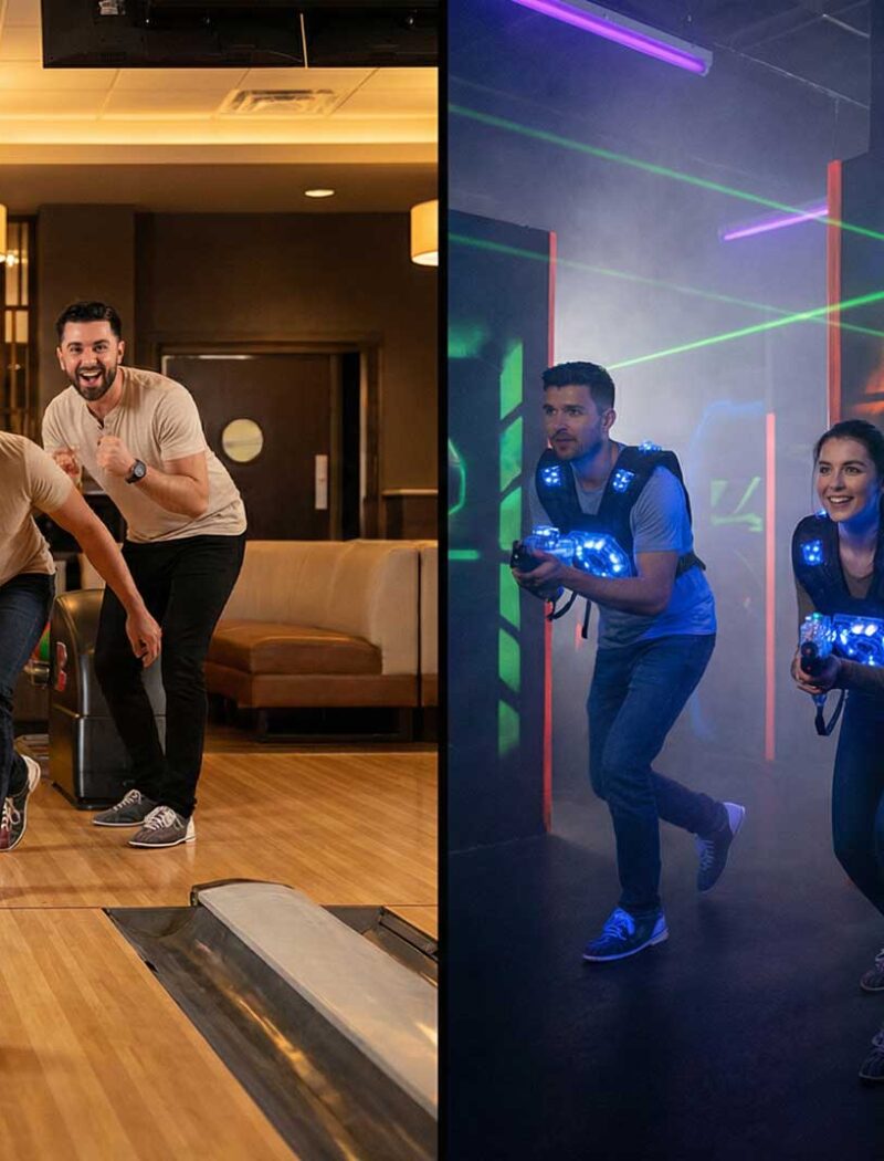 Groupe d’amis hésitant entre une partie de bowling et une session de laser game à Nîmes