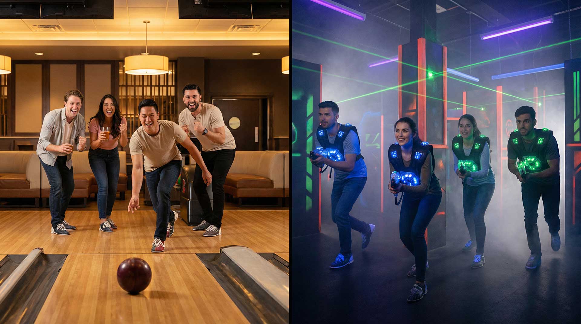 Groupe d’amis hésitant entre une partie de bowling et une session de laser game à Nîmes