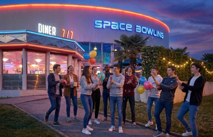 Groupe d’adolescents fêtant un anniversaire ado à Nîmes devant un complexe de loisirs avec activités laser game et bowling