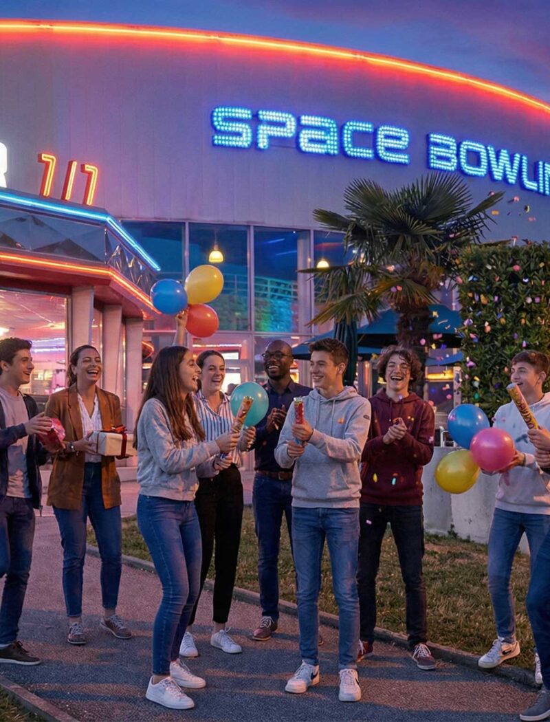Groupe d’adolescents fêtant un anniversaire ado à Nîmes devant un complexe de loisirs avec activités laser game et bowling