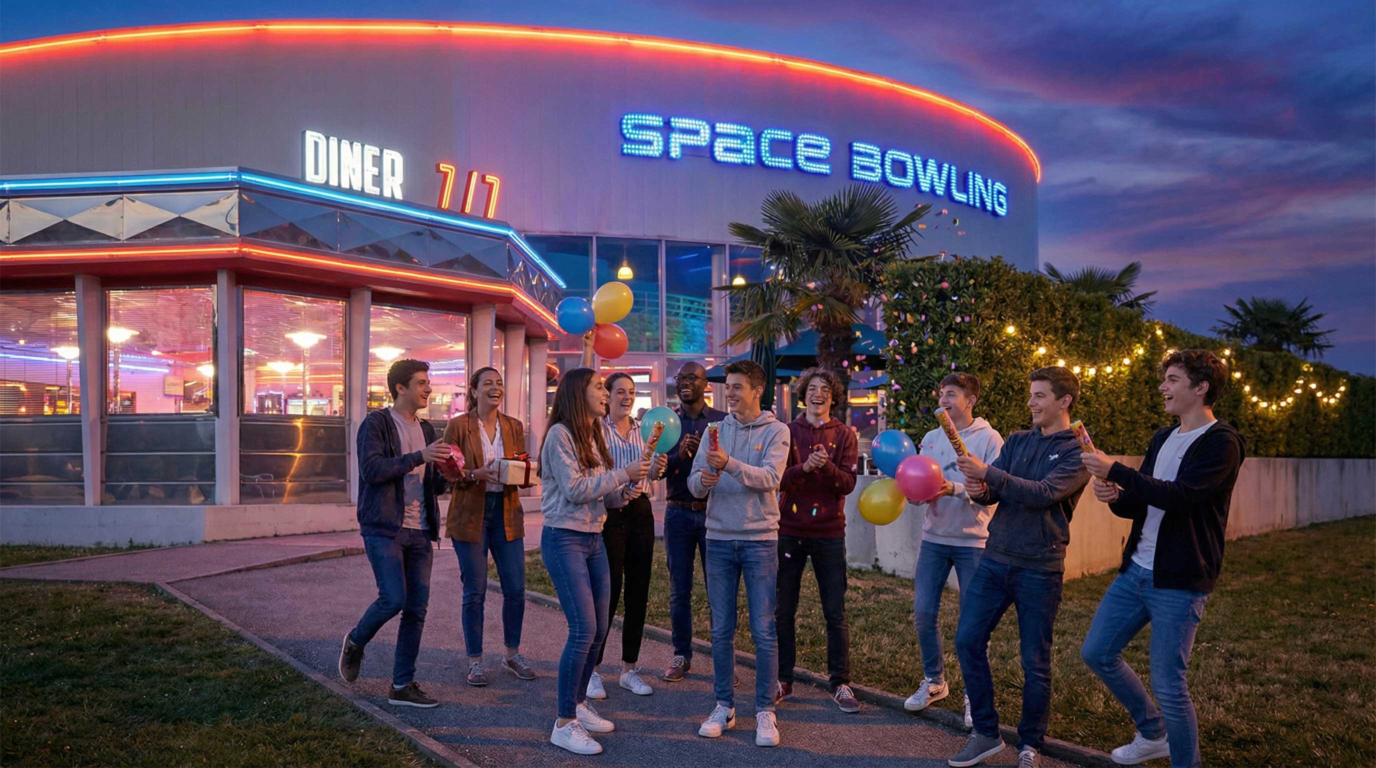 Groupe d’adolescents fêtant un anniversaire ado à Nîmes devant un complexe de loisirs avec activités laser game et bowling