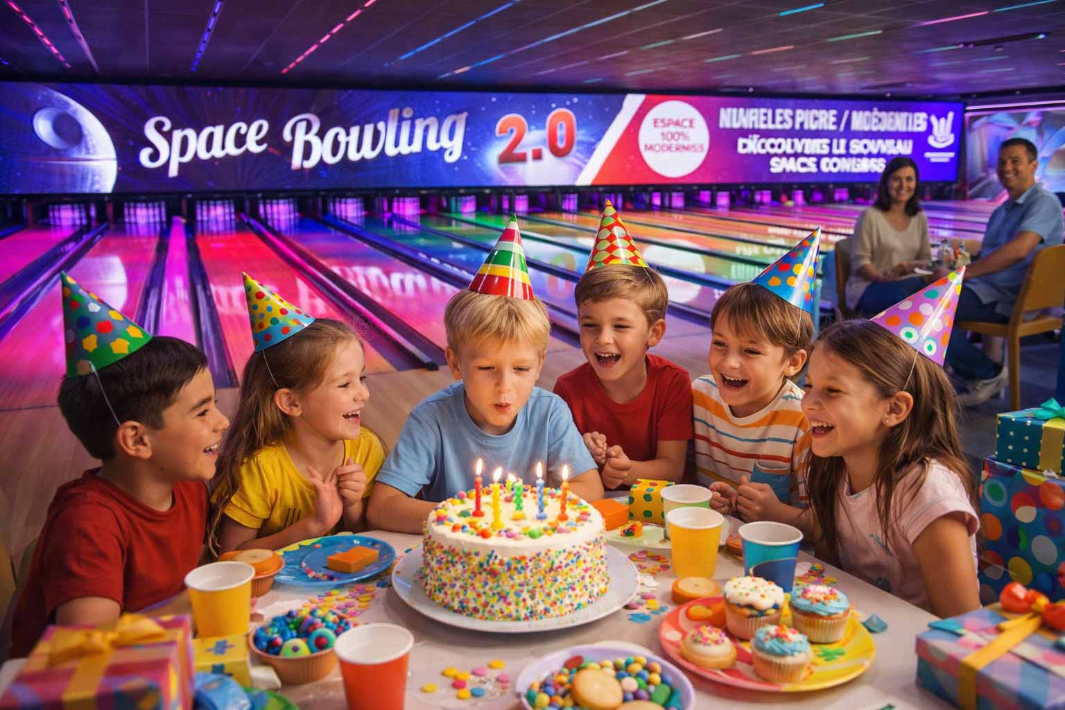 Pistes de bowling colorées dans un complexe de loisirs à Nîmes pour un anniversaire enfant