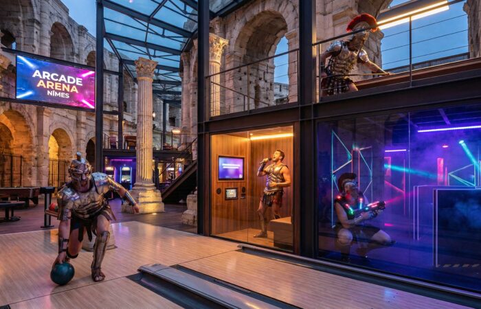 Gladiateurs modernes jouant au bowling, laser game et karaoké autour de Nîmes
