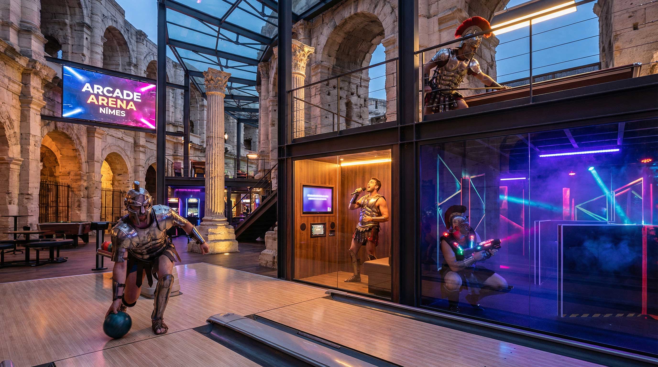 Gladiateurs modernes jouant au bowling, laser game et karaoké autour de Nîmes